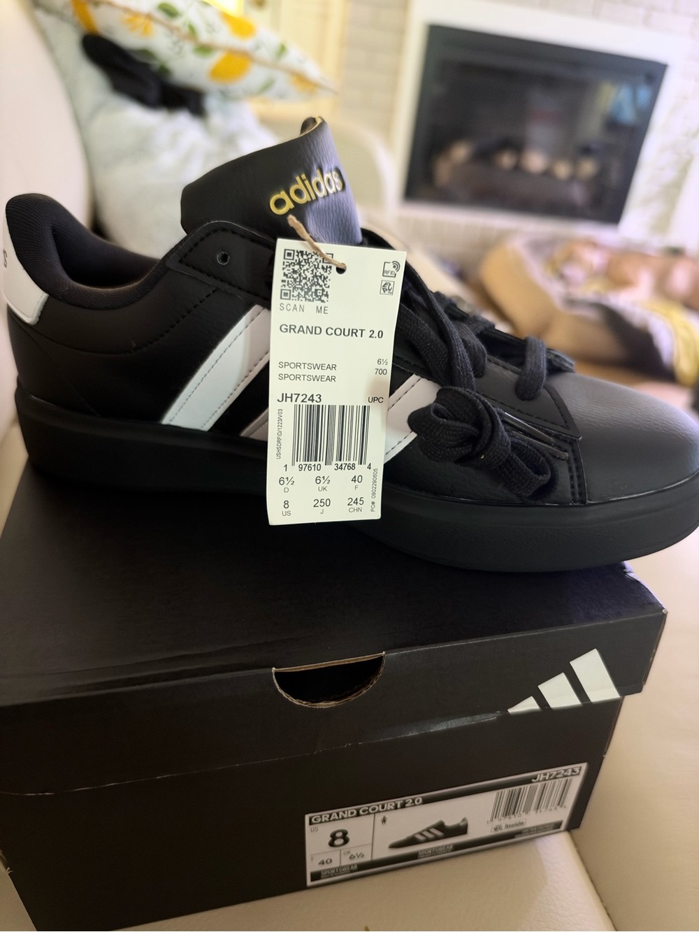 adidas Grand Court 2.0 Black with White Stripes and Gold Logo